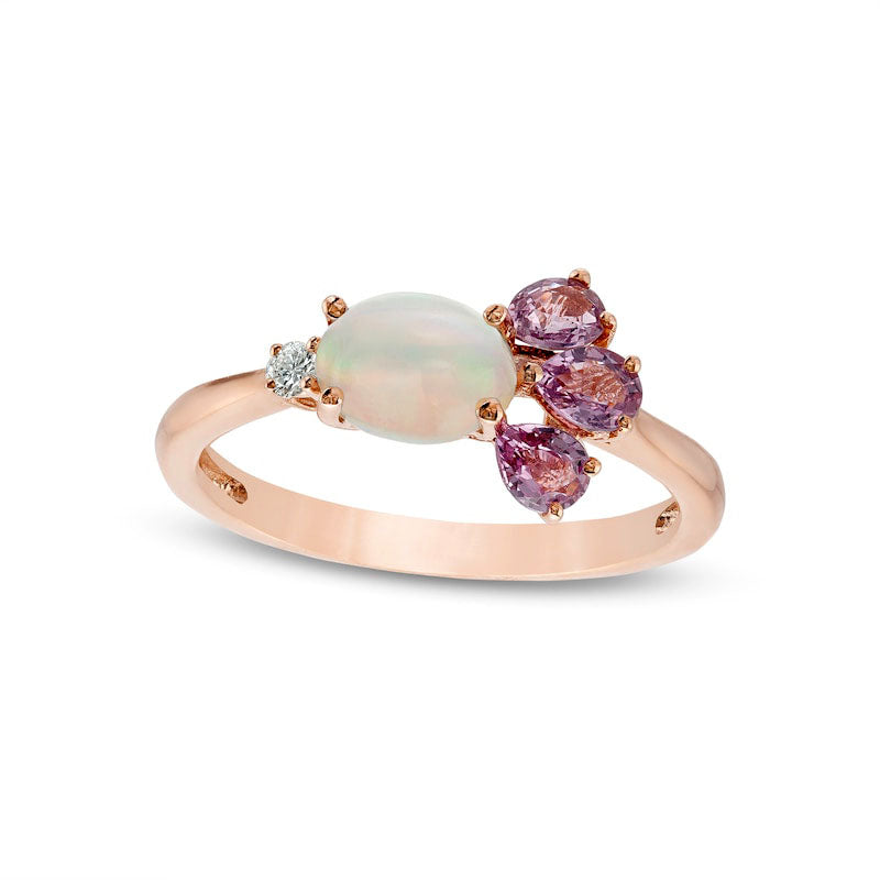 Sideways Opal, Pink Sapphire, and Natural Diamond Accent Petals Ring in Solid 10K Rose Gold