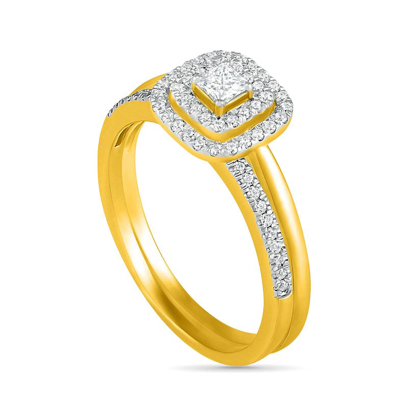 0.38 CT. T.W. Princess-Cut Natural Diamond Double Cushion Frame Bridal Engagement Ring Set in Solid 10K Yellow Gold