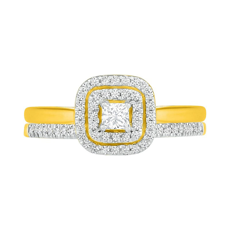 0.38 CT. T.W. Princess-Cut Natural Diamond Double Cushion Frame Bridal Engagement Ring Set in Solid 10K Yellow Gold