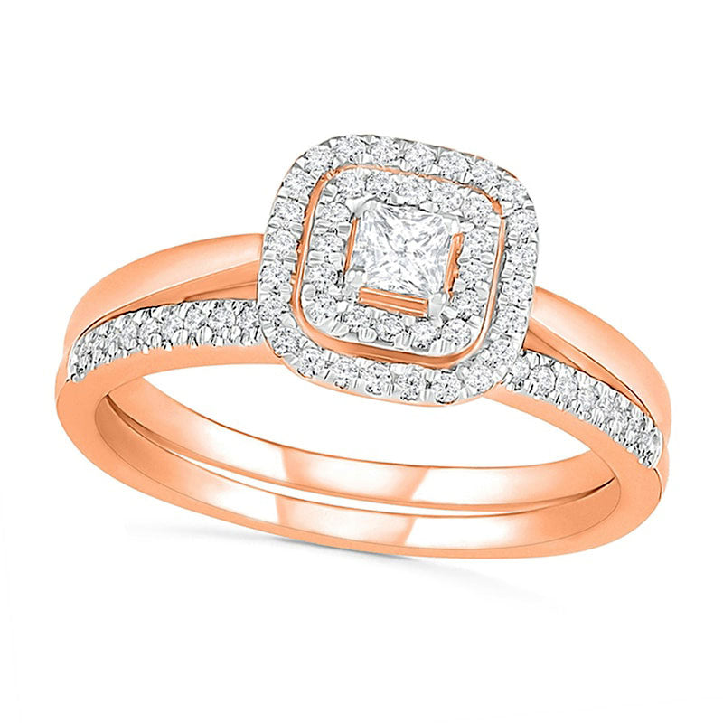 0.38 CT. T.W. Princess-Cut Natural Diamond Double Cushion Frame Bridal Engagement Ring Set in Solid 10K Rose Gold