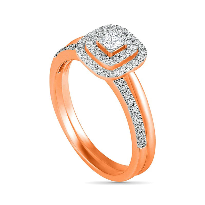 0.38 CT. T.W. Princess-Cut Natural Diamond Double Cushion Frame Bridal Engagement Ring Set in Solid 10K Rose Gold