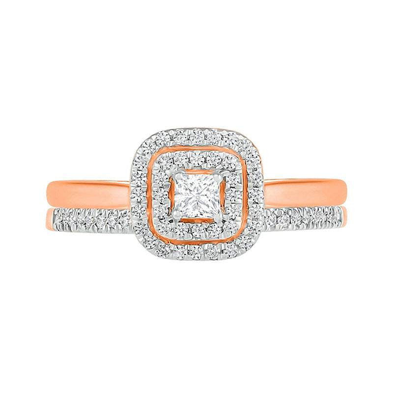 0.38 CT. T.W. Princess-Cut Natural Diamond Double Cushion Frame Bridal Engagement Ring Set in Solid 10K Rose Gold