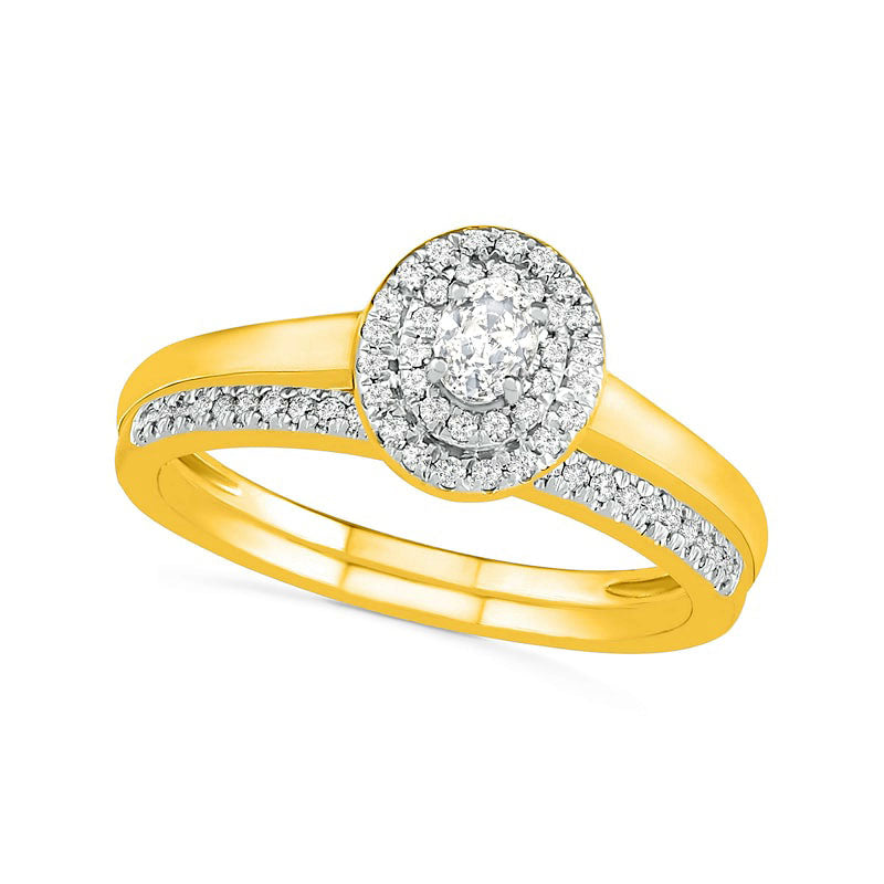 0.38 CT. T.W. Oval Natural Diamond Double Frame Bridal Engagement Ring Set in Solid 10K Yellow Gold