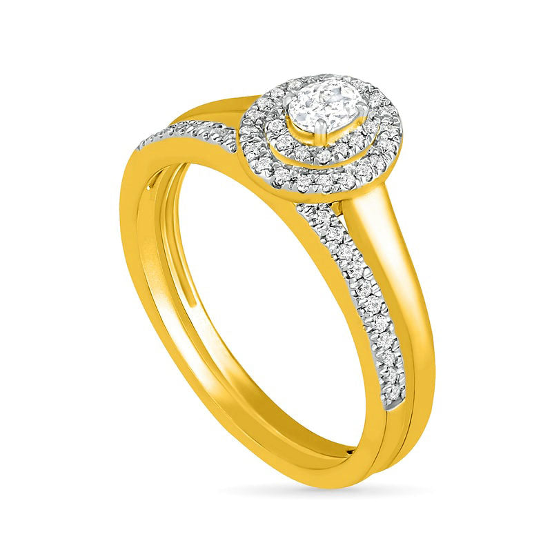 0.38 CT. T.W. Oval Natural Diamond Double Frame Bridal Engagement Ring Set in Solid 10K Yellow Gold