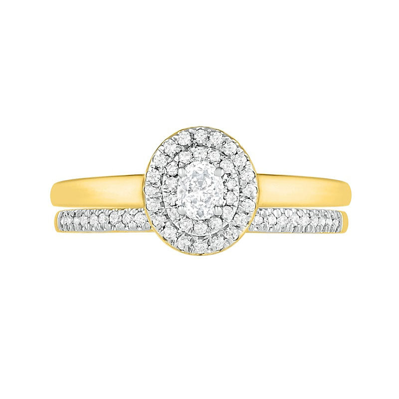 0.38 CT. T.W. Oval Natural Diamond Double Frame Bridal Engagement Ring Set in Solid 10K Yellow Gold