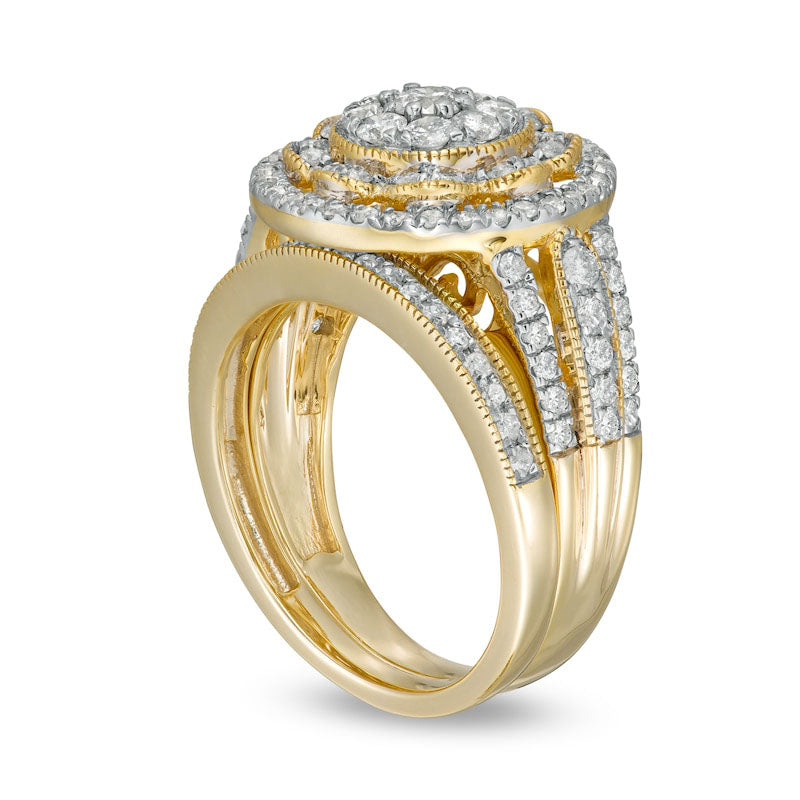 1.25 CT. T.W. Composite Natural Diamond Multi-Row Antique Vintage-Style Bridal Engagement Ring Set in Solid 10K Yellow Gold