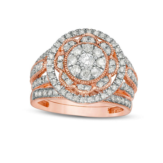 1.25 CT. T.W. Composite Natural Diamond Multi-Row Antique Vintage-Style Bridal Engagement Ring Set in Solid 10K Rose Gold