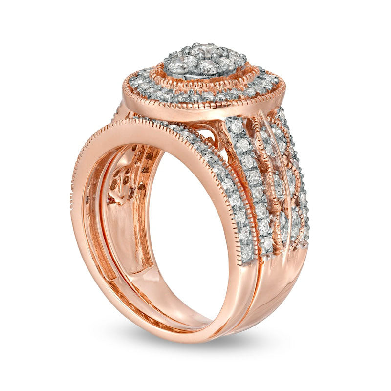 1.25 CT. T.W. Composite Oval Natural Diamond Scallop Frame Antique Vintage-Style Bridal Engagement Ring Set in Solid 10K Rose Gold