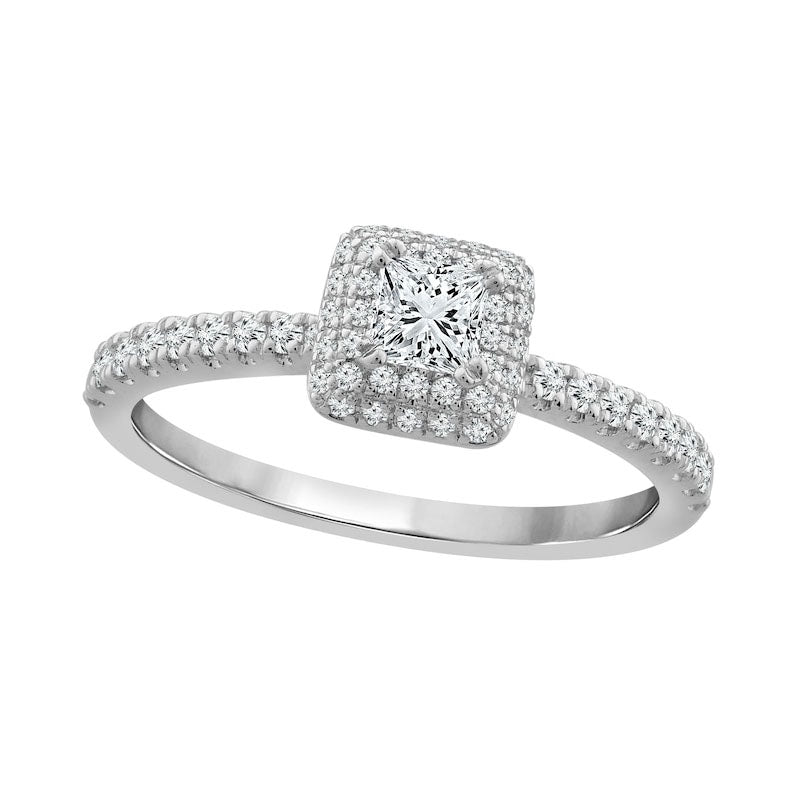 0.63 CT. T.W. Princess-Cut Natural Diamond Double Cushion Frame Engagement Ring in Solid 14K White Gold