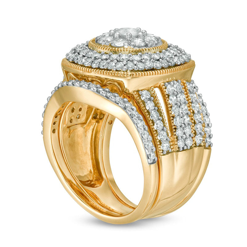 2.25 CT. T.W. Composite Natural Diamond Cushion Frame Multi-Row Antique Vintage-Style Three Piece Bridal Engagement Ring Set in Solid 10K Yellow Gold