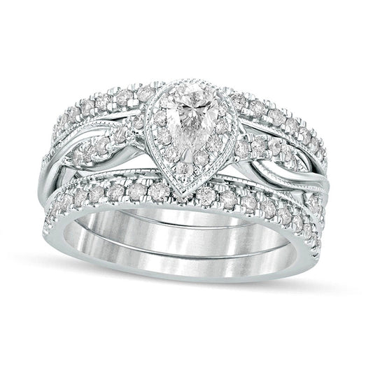 1.0 CT. T.W. Pear-Shaped Natural Diamond Frame Twist Shank Antique Vintage-Style Bridal Engagement Ring Set in Solid 14K White Gold