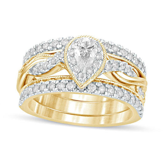 1.0 CT. T.W. Pear-Shaped Natural Diamond Frame Twist Shank Antique Vintage-Style Bridal Engagement Ring Set in Solid 14K Gold