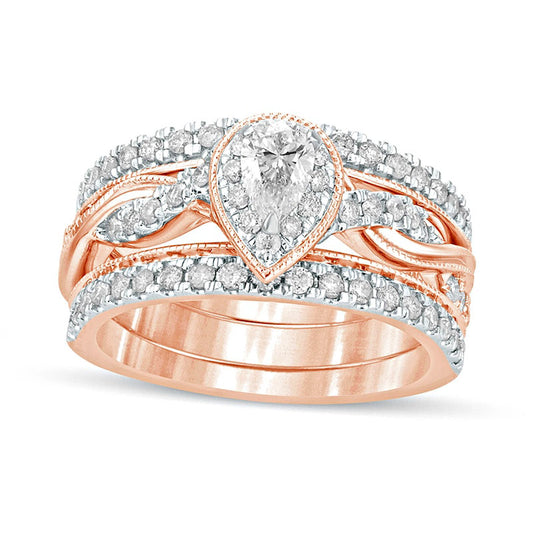 1.0 CT. T.W. Pear-Shaped Natural Diamond Frame Twist Shank Antique Vintage-Style Bridal Engagement Ring Set in Solid 14K Rose Gold