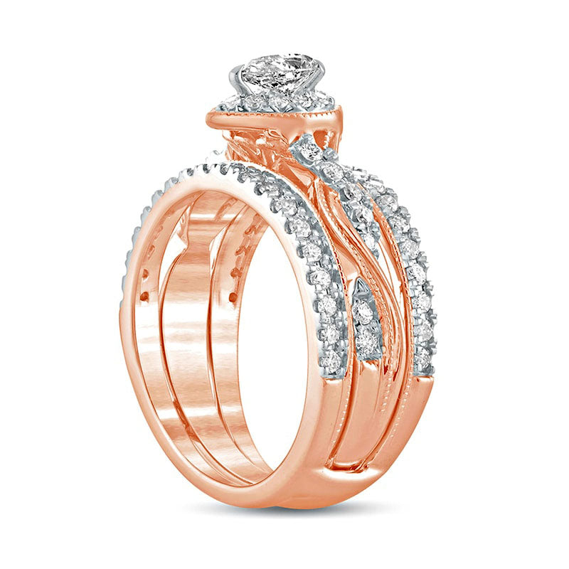 1.0 CT. T.W. Pear-Shaped Natural Diamond Frame Twist Shank Antique Vintage-Style Bridal Engagement Ring Set in Solid 14K Rose Gold