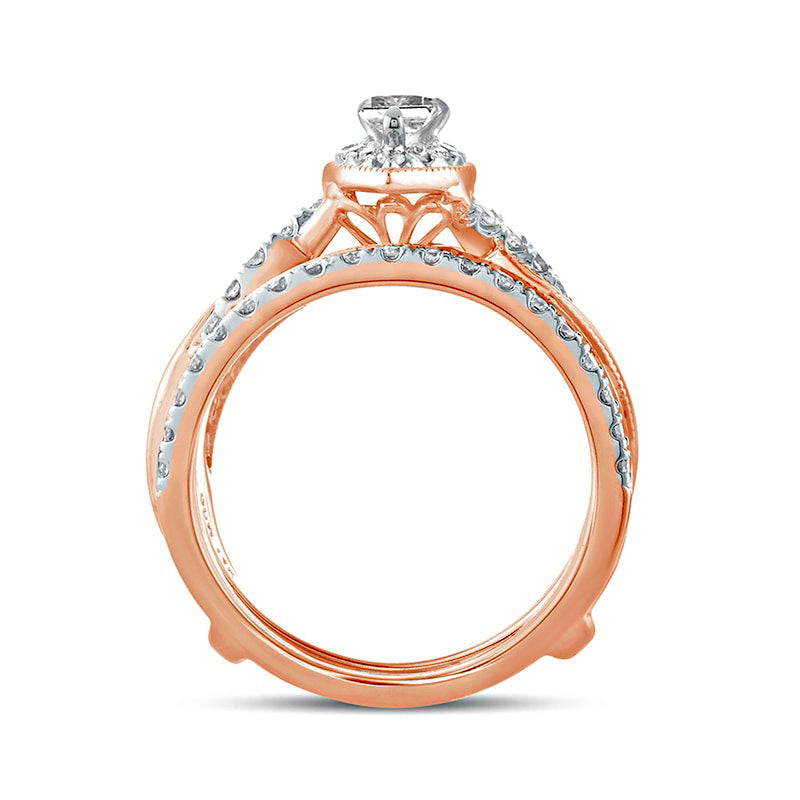 1.0 CT. T.W. Pear-Shaped Natural Diamond Frame Twist Shank Antique Vintage-Style Bridal Engagement Ring Set in Solid 14K Rose Gold