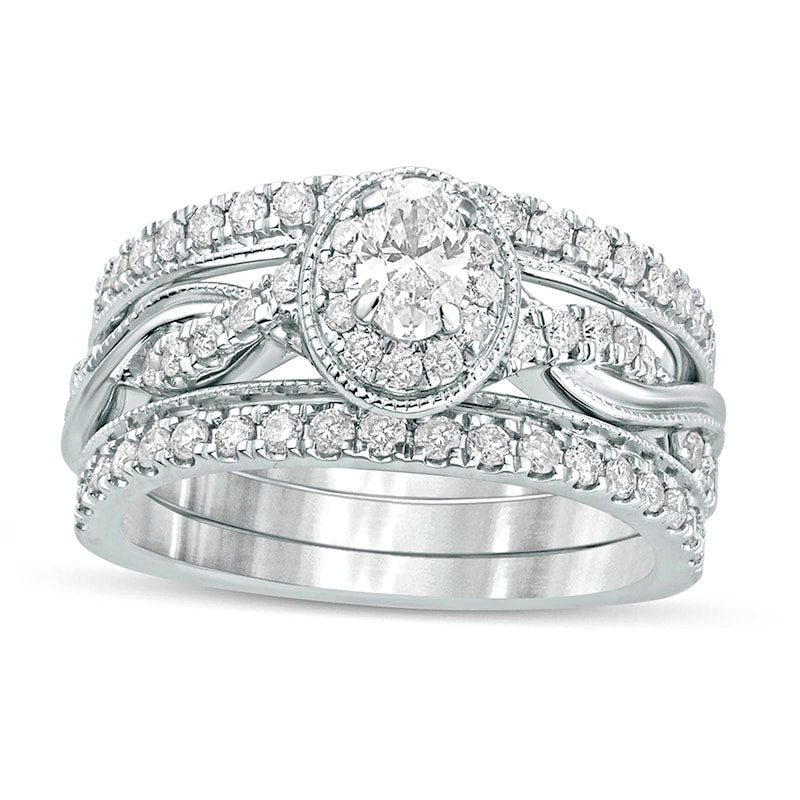 1.0 CT. T.W. Oval Natural Diamond Frame Twist Shank Antique Vintage-Style Bridal Engagement Ring Set in Solid 14K White Gold