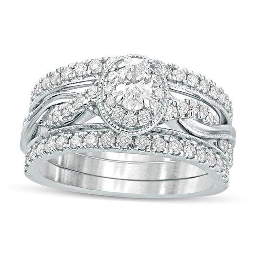 1.0 CT. T.W. Oval Natural Diamond Frame Twist Shank Antique Vintage-Style Bridal Engagement Ring Set in Solid 14K White Gold