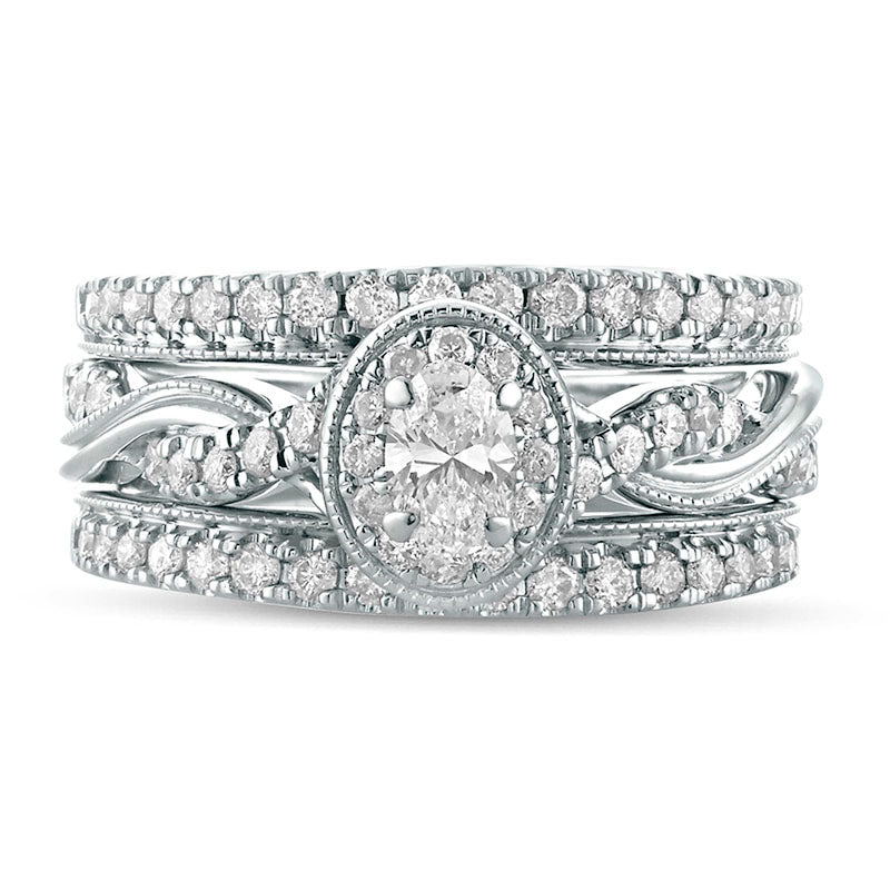 1.0 CT. T.W. Oval Natural Diamond Frame Twist Shank Antique Vintage-Style Bridal Engagement Ring Set in Solid 14K White Gold