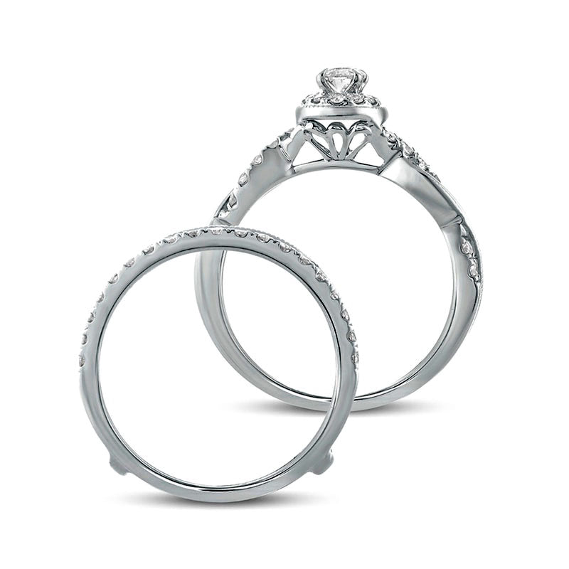 1.0 CT. T.W. Oval Natural Diamond Frame Twist Shank Antique Vintage-Style Bridal Engagement Ring Set in Solid 14K White Gold