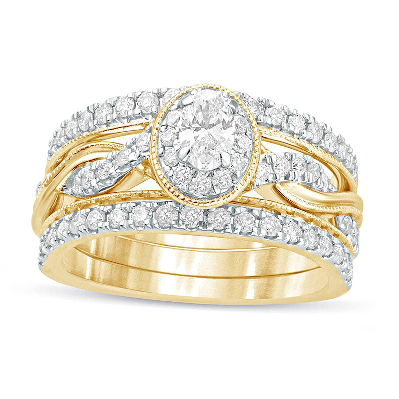 1.0 CT. T.W. Oval Natural Diamond Frame Twist Shank Antique Vintage-Style Bridal Engagement Ring Set in Solid 14K Gold