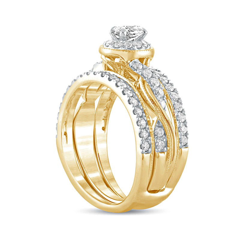 1.0 CT. T.W. Oval Natural Diamond Frame Twist Shank Antique Vintage-Style Bridal Engagement Ring Set in Solid 14K Gold