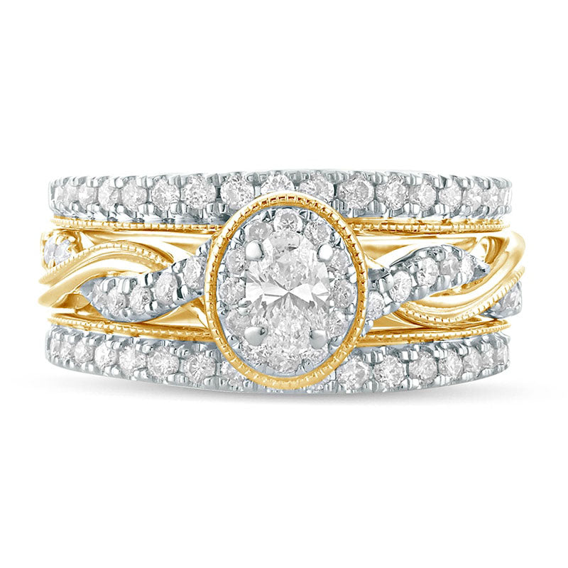 1.0 CT. T.W. Oval Natural Diamond Frame Twist Shank Antique Vintage-Style Bridal Engagement Ring Set in Solid 14K Gold