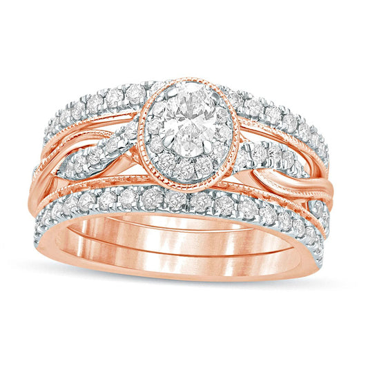 1.0 CT. T.W. Oval Natural Diamond Frame Twist Shank Antique Vintage-Style Bridal Engagement Ring Set in Solid 14K Rose Gold