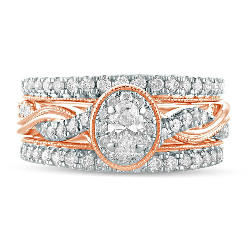 1.0 CT. T.W. Oval Natural Diamond Frame Twist Shank Antique Vintage-Style Bridal Engagement Ring Set in Solid 14K Rose Gold