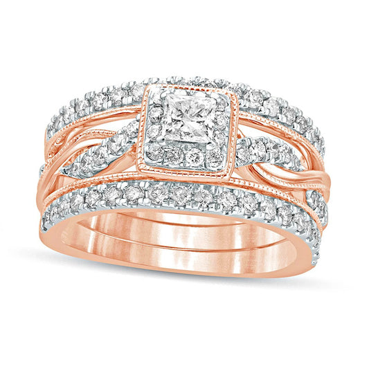 1.0 CT. T.W. Princess-Cut Natural Diamond Frame Twist Shank Antique Vintage-Style Bridal Engagement Ring Set in Solid 14K Rose Gold