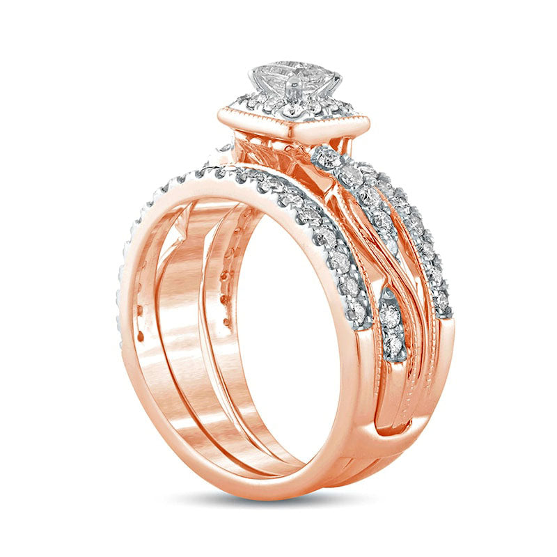 1.0 CT. T.W. Princess-Cut Natural Diamond Frame Twist Shank Antique Vintage-Style Bridal Engagement Ring Set in Solid 14K Rose Gold