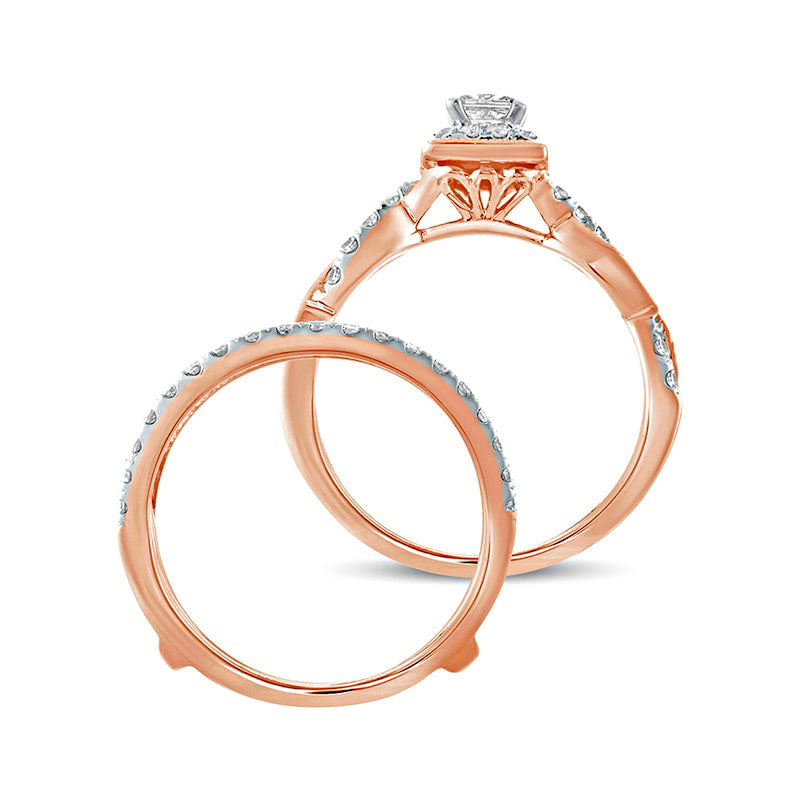 1.0 CT. T.W. Princess-Cut Natural Diamond Frame Twist Shank Antique Vintage-Style Bridal Engagement Ring Set in Solid 14K Rose Gold