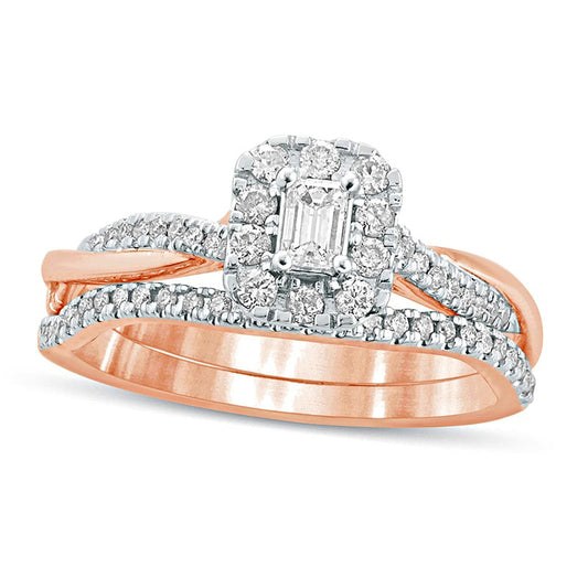 0.50 CT. T.W. Emerald-Cut Natural Diamond Frame Twist Shank Bridal Engagement Ring Set in Solid 10K Rose Gold