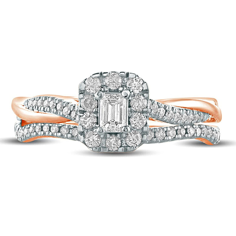 0.50 CT. T.W. Emerald-Cut Natural Diamond Frame Twist Shank Bridal Engagement Ring Set in Solid 10K Rose Gold