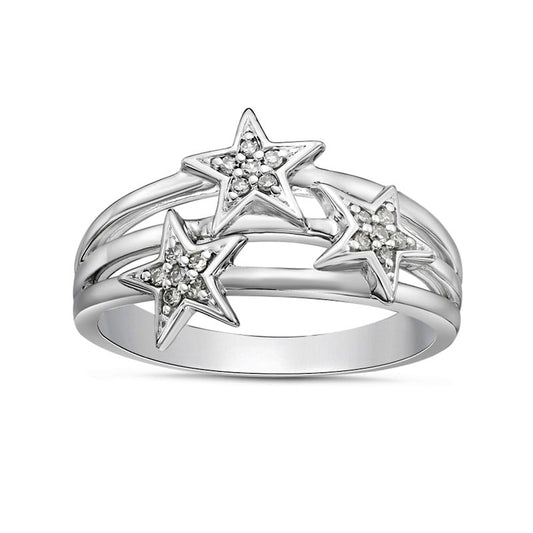 0.07 CT. T.W. Natural Diamond Triple Stars Multi-Row Split Shank Ring in Sterling Silver