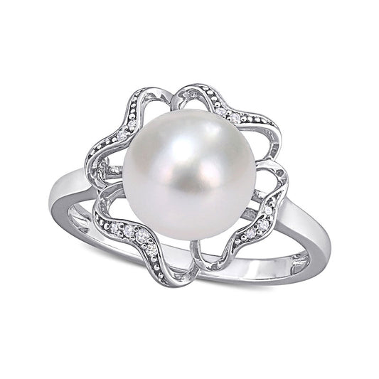 9.0-9.5mm Button Cultured Freshwater Pearl and Natural Diamond Accent Clover Frame Ring in Sterling Silver