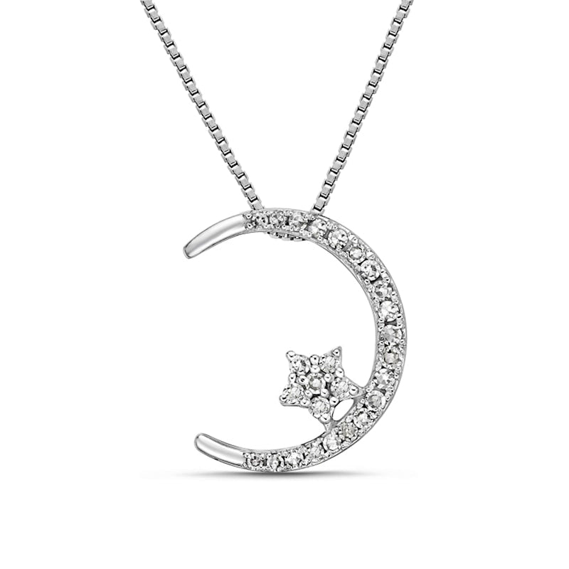 0.13 CT. T.W. Natural Diamond Crescent Moon and Star Pendant in 10K White Gold