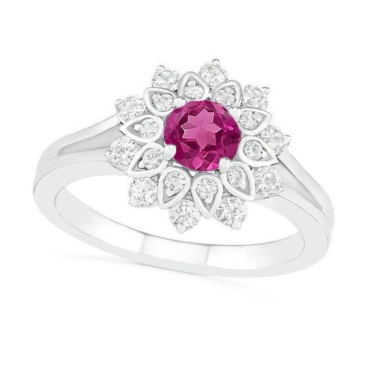 5.0mm Lab-Created Pink and White Sapphire Frame Split Shank Flower Ring in Sterling Silver