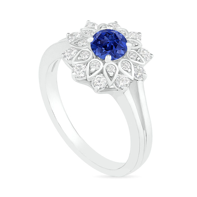 5.0mm Lab-Created Blue and White Sapphire Frame Split Shank Flower Ring in Sterling Silver