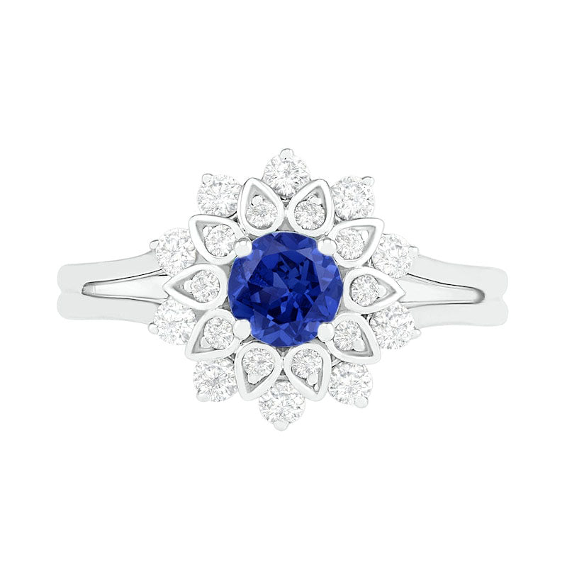 5.0mm Lab-Created Blue and White Sapphire Frame Split Shank Flower Ring in Sterling Silver