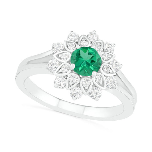 5.0mm Lab-Created Emerald and White Sapphire Frame Split Shank Flower Ring in Sterling Silver