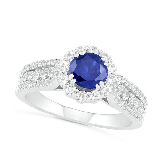 5.5mm Blue and White Lab-Created Sapphire Frame Triple Row Flower Ring in Sterling Silver