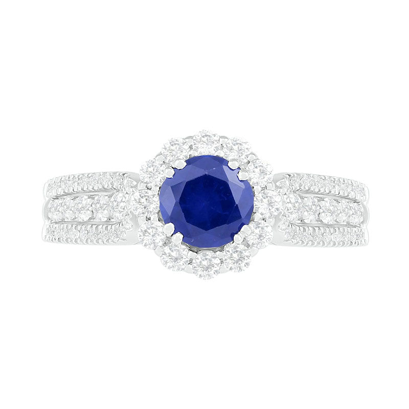 5.5mm Blue and White Lab-Created Sapphire Frame Triple Row Flower Ring in Sterling Silver