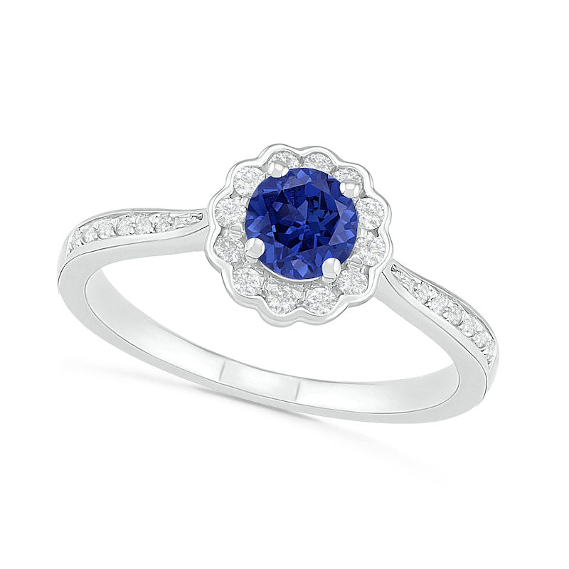 5.2mm Blue and White Lab-Created Sapphire Frame Tapered Shank Flower Ring in Sterling Silver