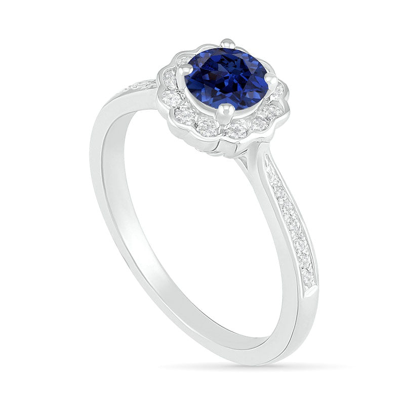 5.2mm Blue and White Lab-Created Sapphire Frame Tapered Shank Flower Ring in Sterling Silver