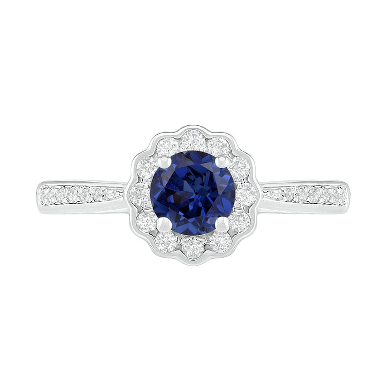 5.2mm Blue and White Lab-Created Sapphire Frame Tapered Shank Flower Ring in Sterling Silver