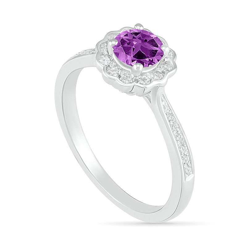 5.2mm Amethyst and White Lab-Created Sapphire Frame Tapered Shank Flower Ring in Sterling Silver