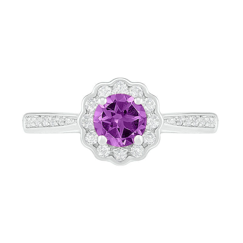 5.2mm Amethyst and White Lab-Created Sapphire Frame Tapered Shank Flower Ring in Sterling Silver