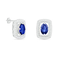 Oval Blue and White Lab-Created Sapphire Open Cushion Frame Vintage-Style Stud Earrings in Sterling Silver