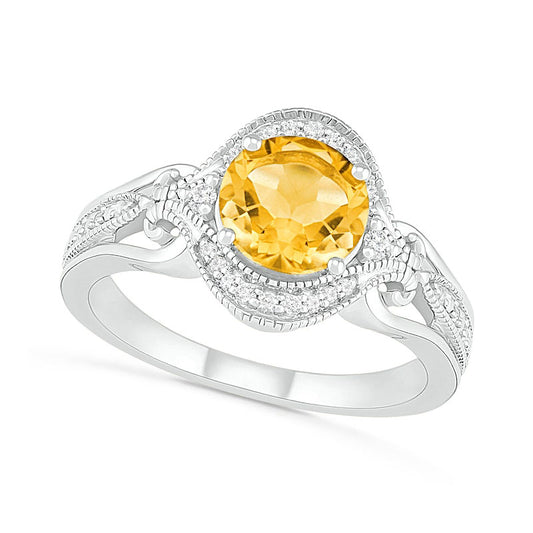 7.0mm Citrine and 0.10 CT. T.W. Natural Diamond Scroll Frame Split Shank Antique Vintage-Style Ring in Sterling Silver