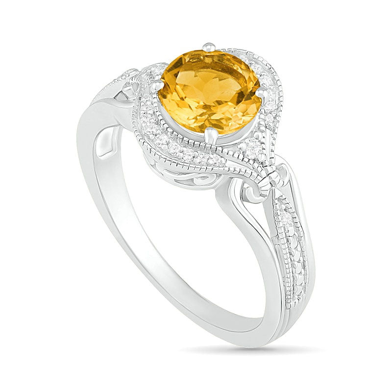 7.0mm Citrine and 0.10 CT. T.W. Natural Diamond Scroll Frame Split Shank Antique Vintage-Style Ring in Sterling Silver